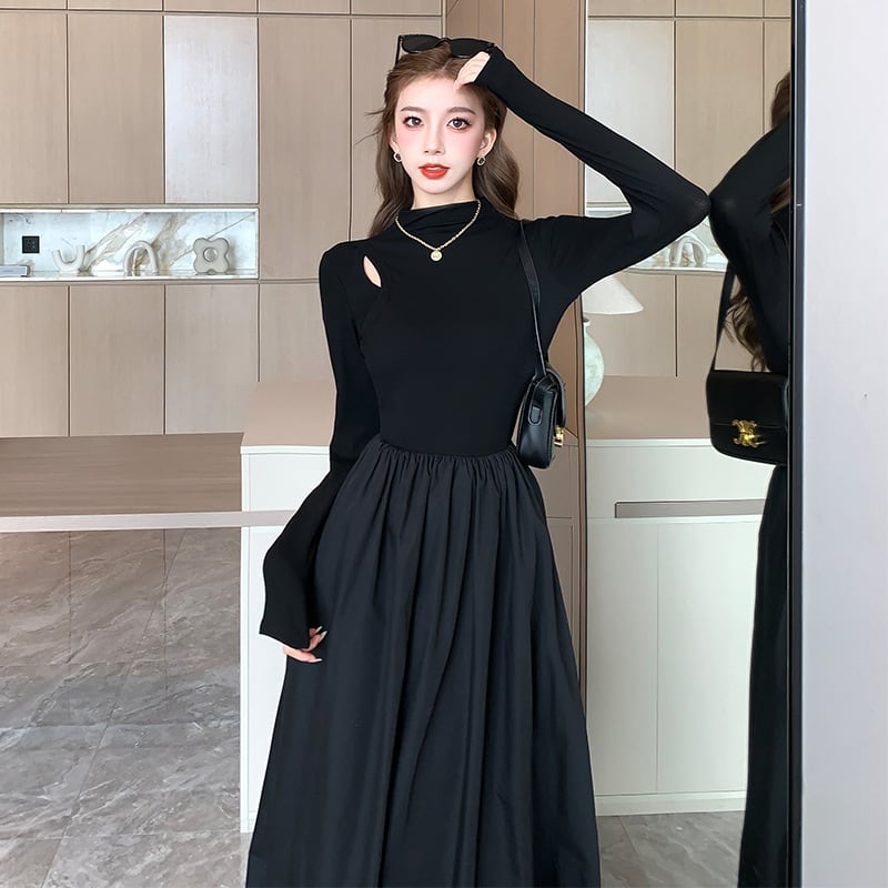 【dress】ドッキング無地ワンピース　M18295