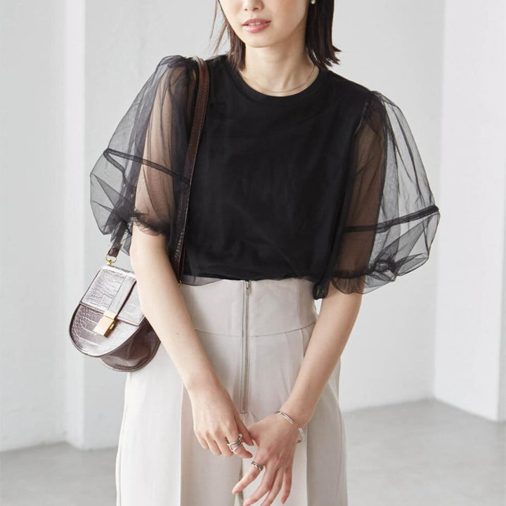 【tops】チュールコンビTシャツ　M30196