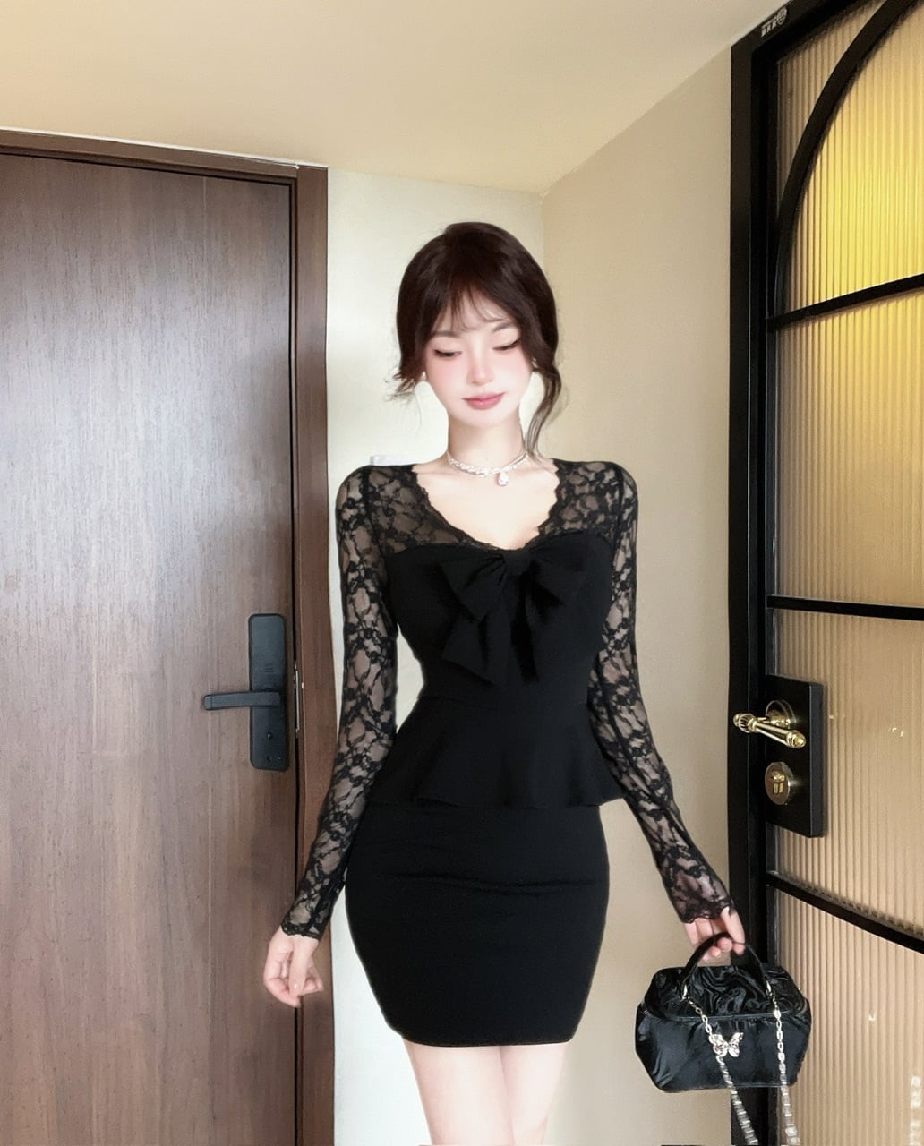 【dress】レース切り替えリボン付きワンピース　M27379