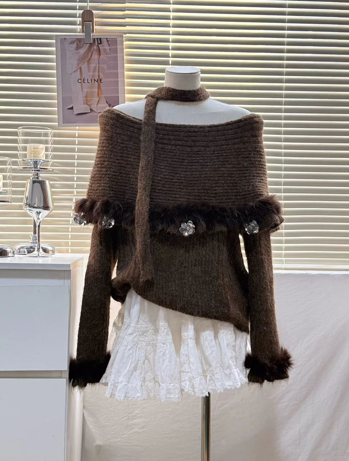 【tops】オフショルダーファードッキングニットトップス Q7599