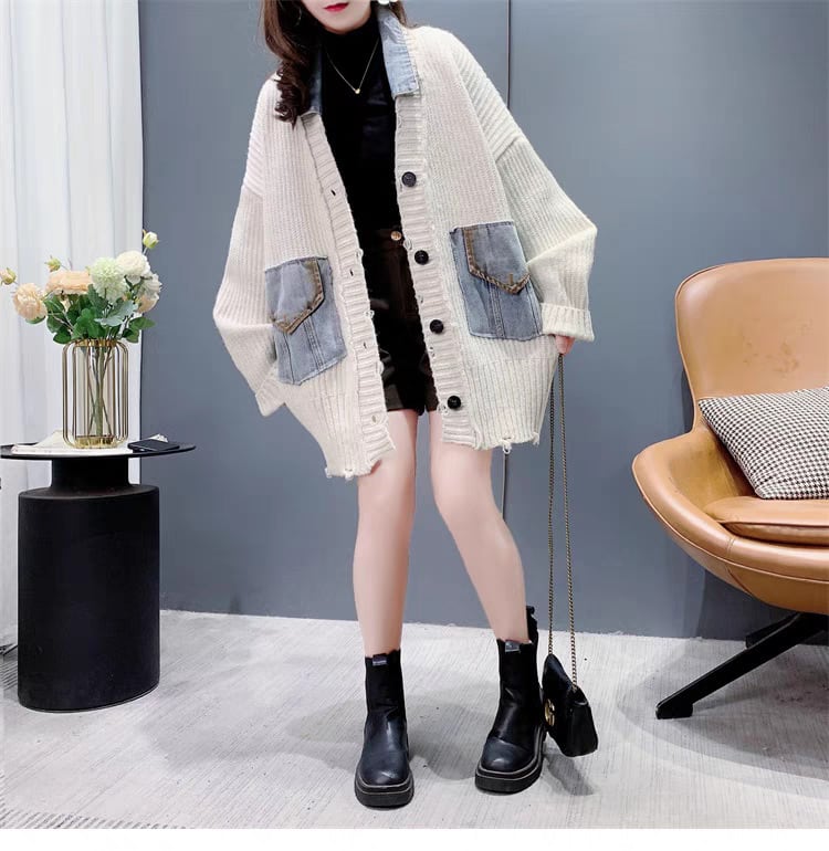 【outer】デニム切り替えニットカーデ　M27640