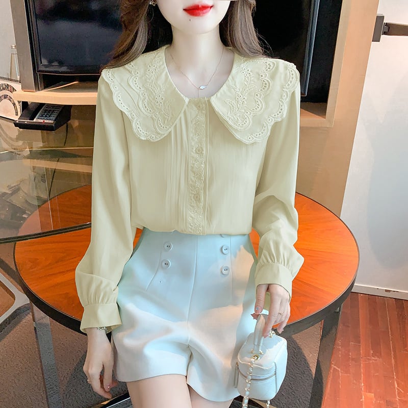 【tops】スウィートドールカラーレース切り替えシャツ　M17418