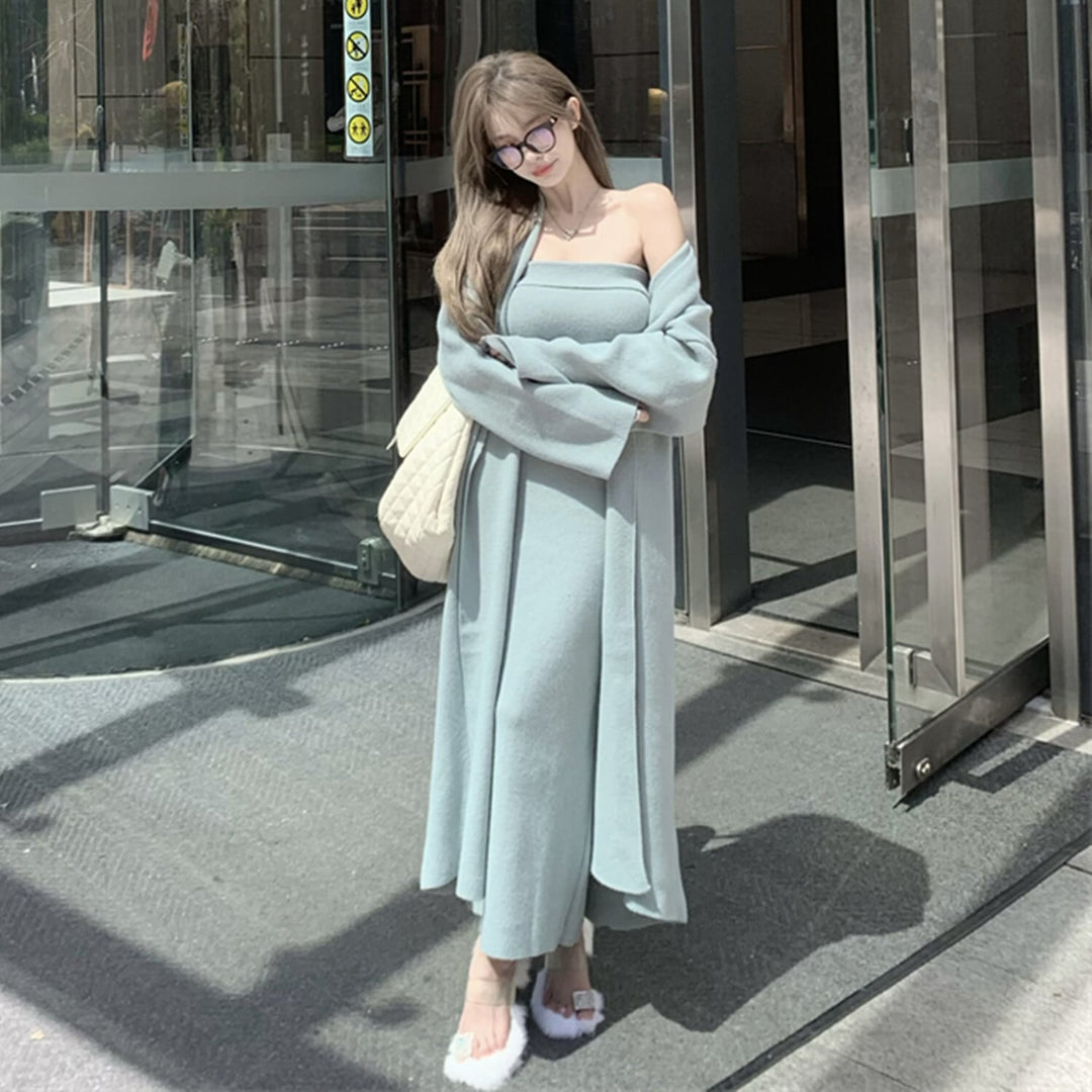 【set】ロング丈カーディガン×ベアトップワンピースセット　N2799