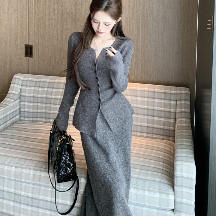 【set】Ⅴネックニットカーディガン×ロングスカートセット　N2764