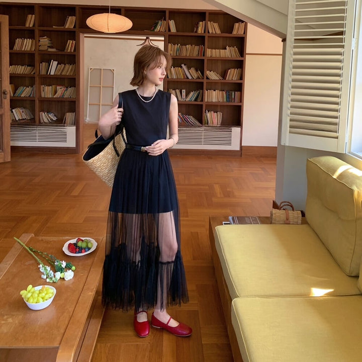 【dress】チュールドッキングノースリーブワンピース  N3562