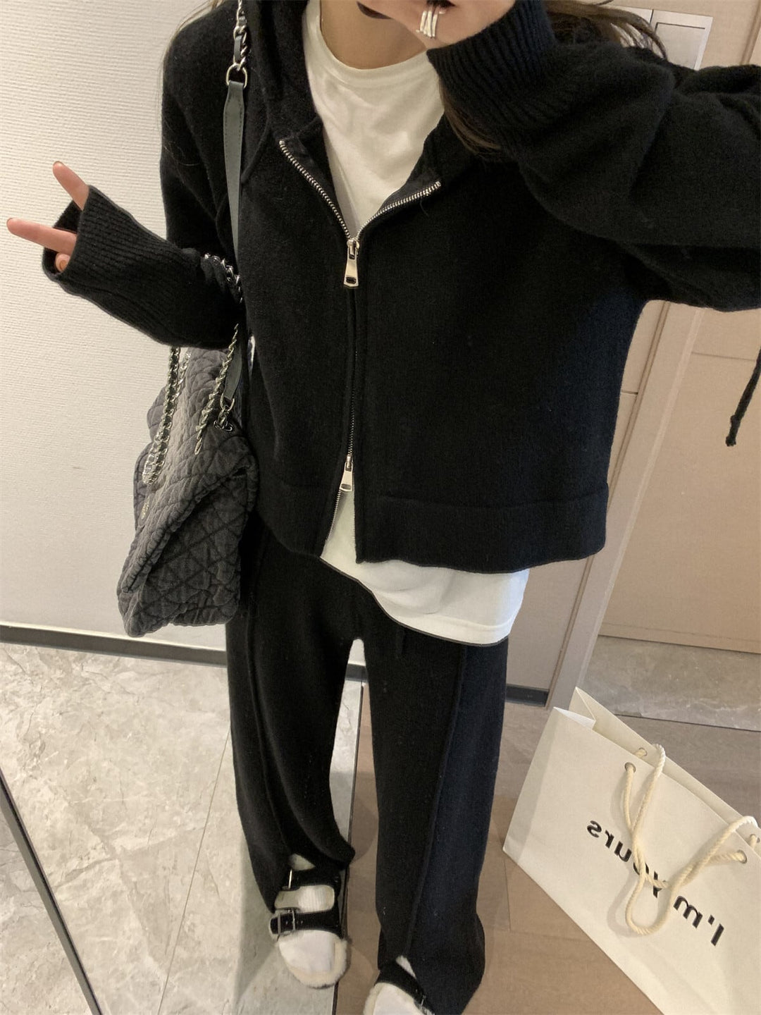 【set】ニットパーカー×スリットワイドパンツセット　N2071