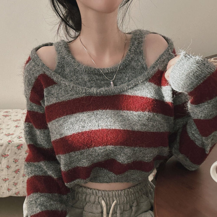 【tops】ボーダー柄切り替えニットセーター　M27774