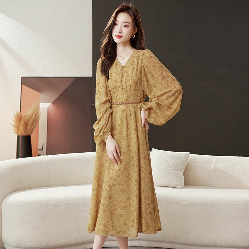 【dress】輝いて超人気 ! Vネック花柄ワンピースベルト付き　M17029