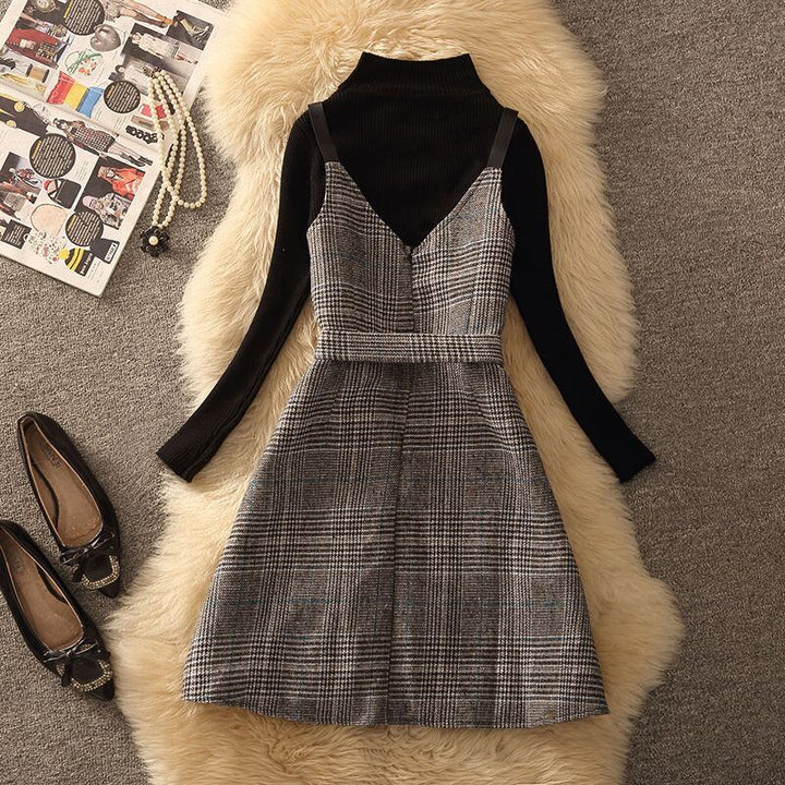 【set】ニットセーター×チェック柄キャミワンピースセット　N2256