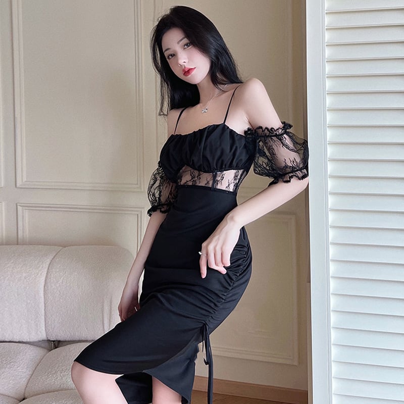 【dress】韓国系セクシーレース切り替えキャミワンピース　M17058