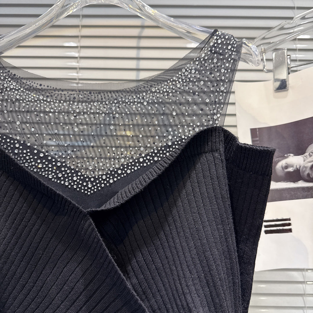 【tops】ラインストーンチュールレイヤードオフショルニット　N3507
