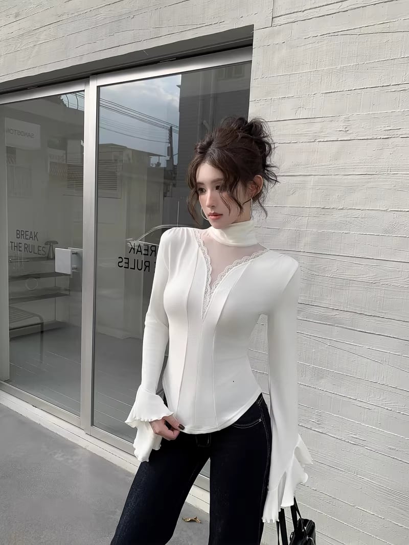 【tops】ハイネックチュールドッキングトップス Q8054