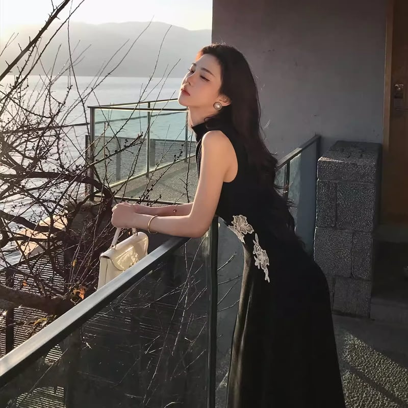 【dress】レースドッキングノースリーブニットワンピース Q8403