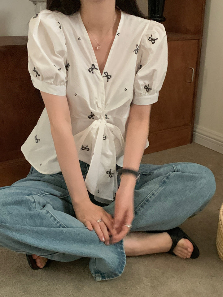 【tops】リボンプリントシャツトップス　M23890