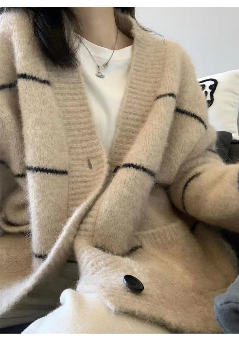 【outer】ボーダー柄Vネックニットカーデ　M18377