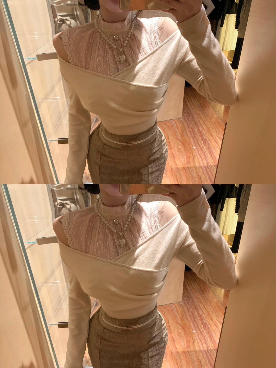 【set】オフショルダーレース切り替えトップス×リボン付きマーメイドスカートセット　M29554