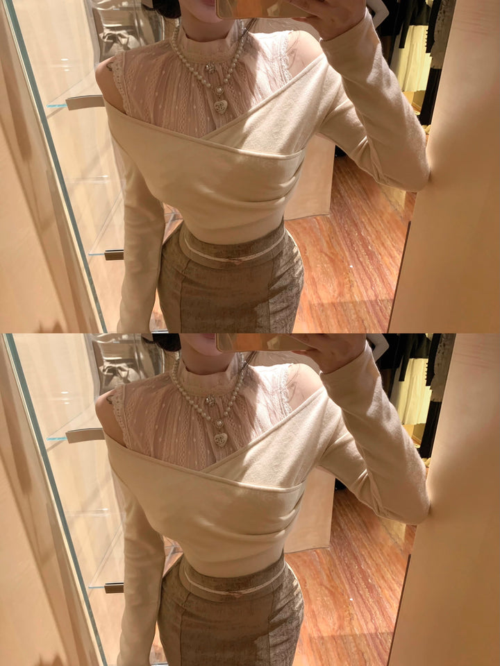 【set】オフショルダーレース切り替えトップス×リボン付きマーメイドスカートセット　M29554