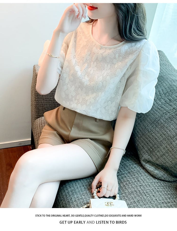 【tops】パフスリーブジャカードカットワークトップス　M17126
