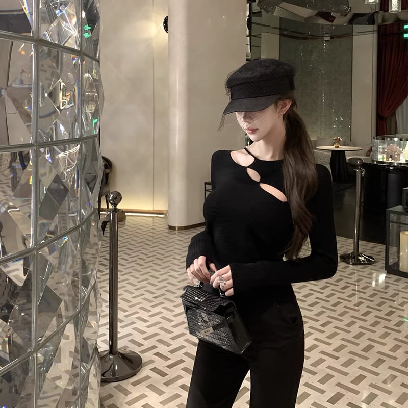 【tops】フロントカットニットトップス Q7949