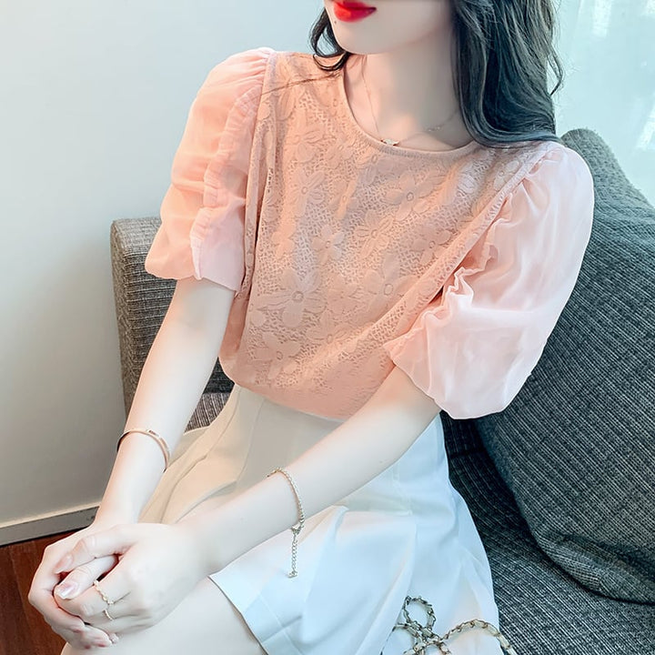 【tops】パフスリーブジャカードカットワークトップス　M17126