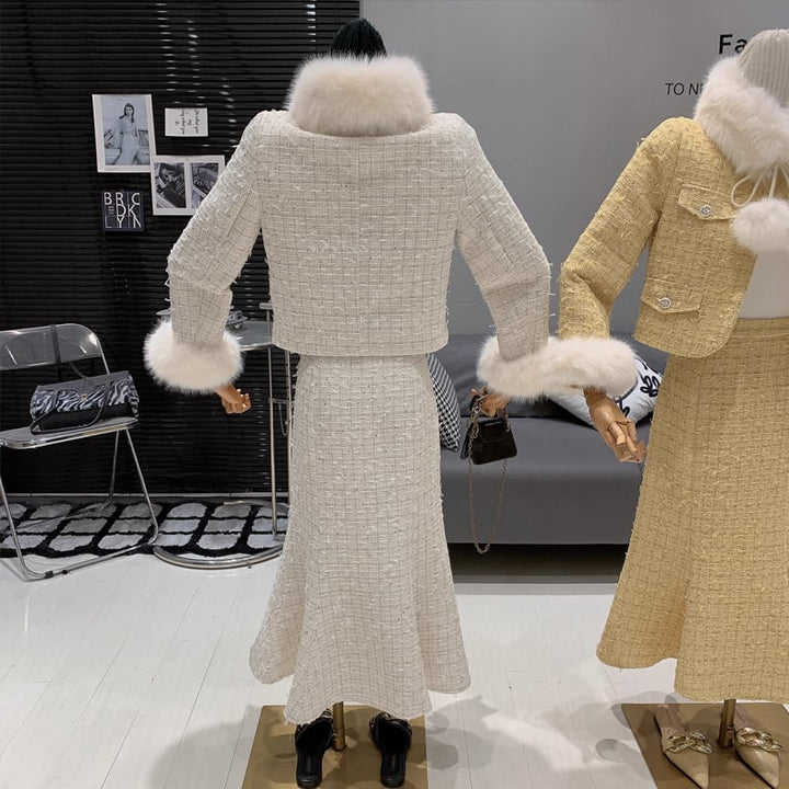 【set】ファー付きツイードジャケット×ロングスカートセット Q7463