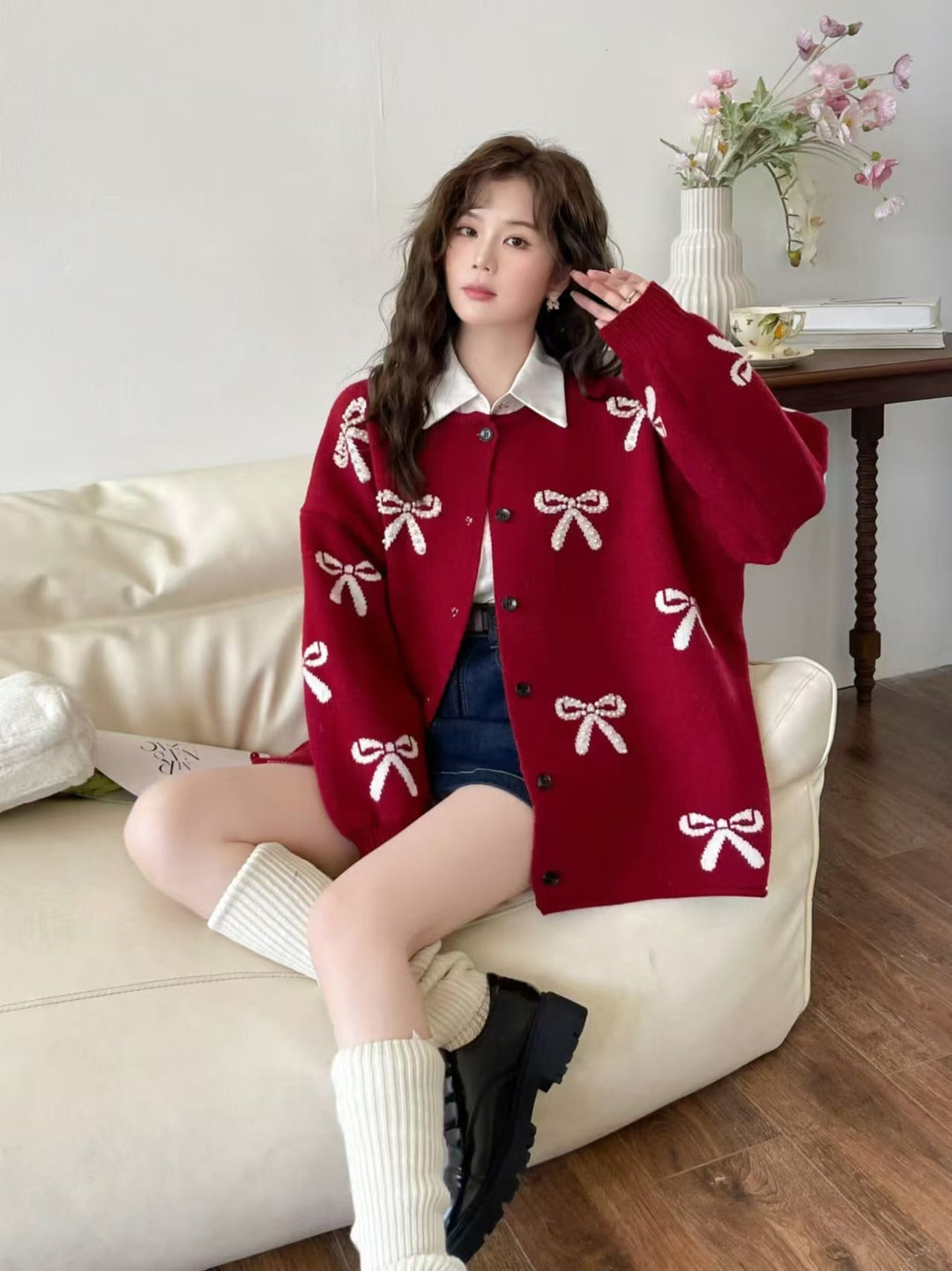 【outer】リボン付きニットカーデ　M26383