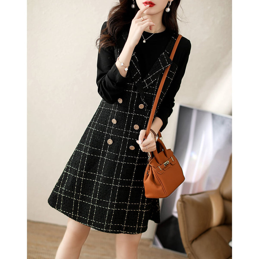 【dress】切り替えボタンデザインチェック柄ワンピース　M17688