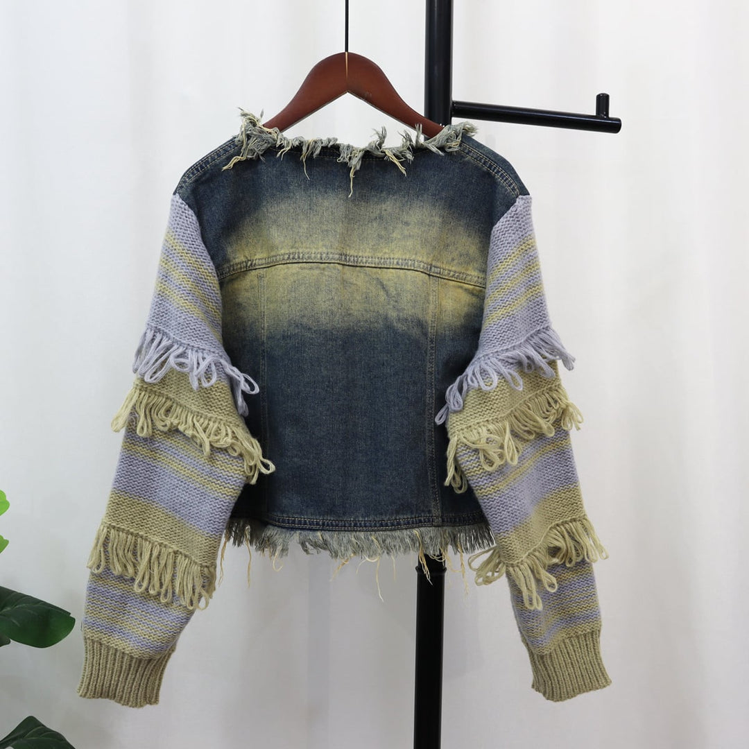 【outer】デニム切り替えフリンジニットカーデ　M18219