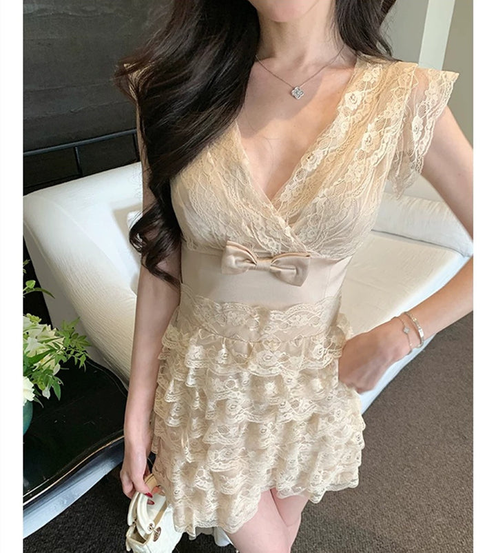 【dress】リボン付きティアードミニワンピース　N3556