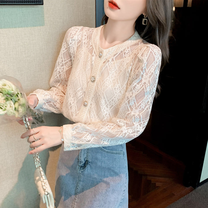 【tops】優しい雰囲気レース切り替えシャツトップス　M16771