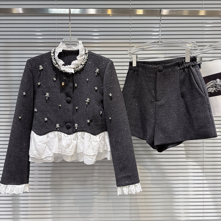 【set】レースドッキングショートジャケット×ショートパンツセット    N3479