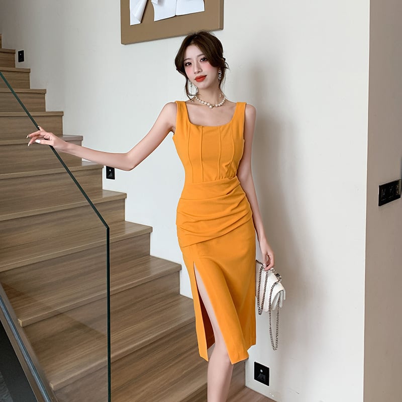 【dress】韓国系エレガントスリットキャミワンピース　M17097