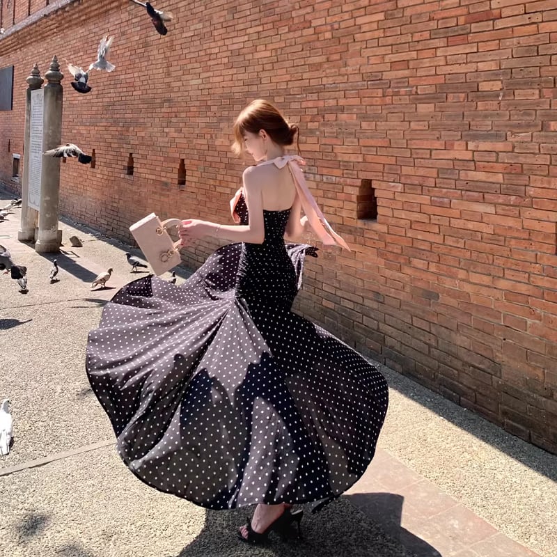 【dress】ドット柄リボン付きロングワンピース Q8374