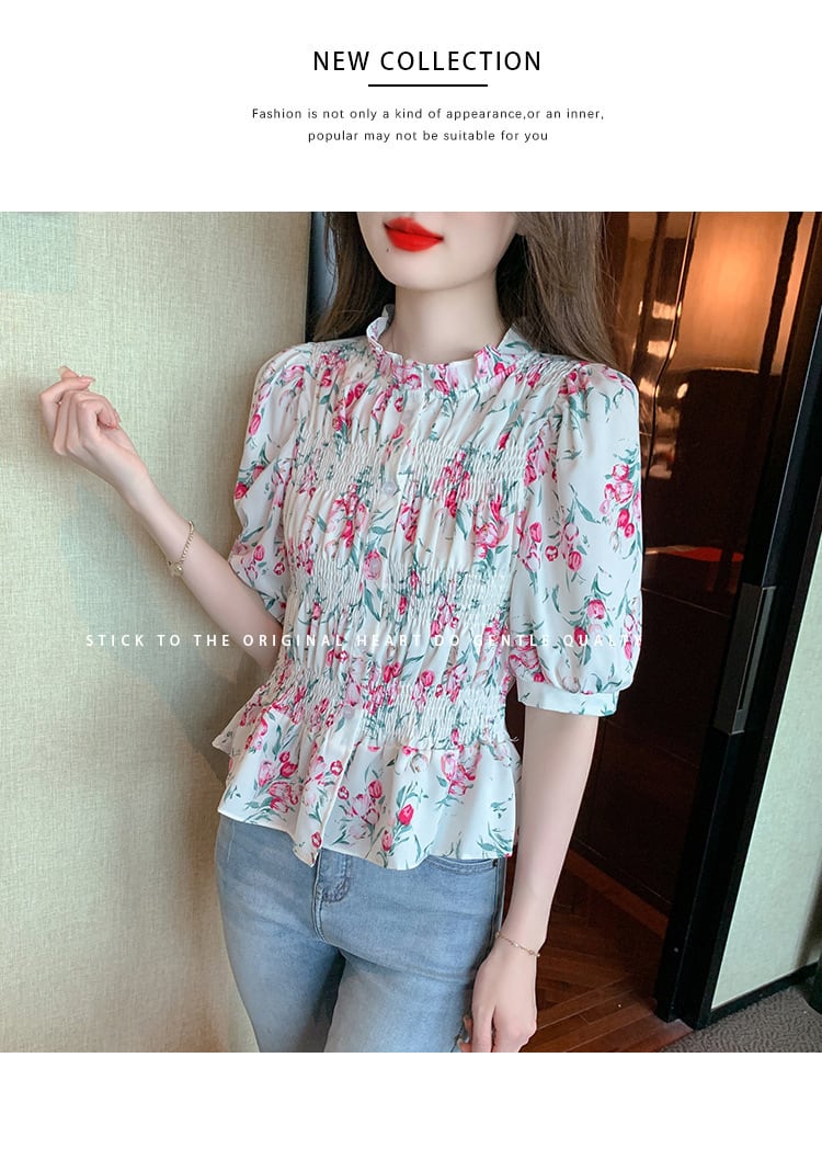 【tops】美人度アップスウィートパフスリーブ花柄トップス　M17339
