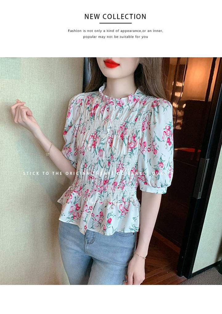 【tops】美人度アップスウィートパフスリーブ花柄トップス　M17339