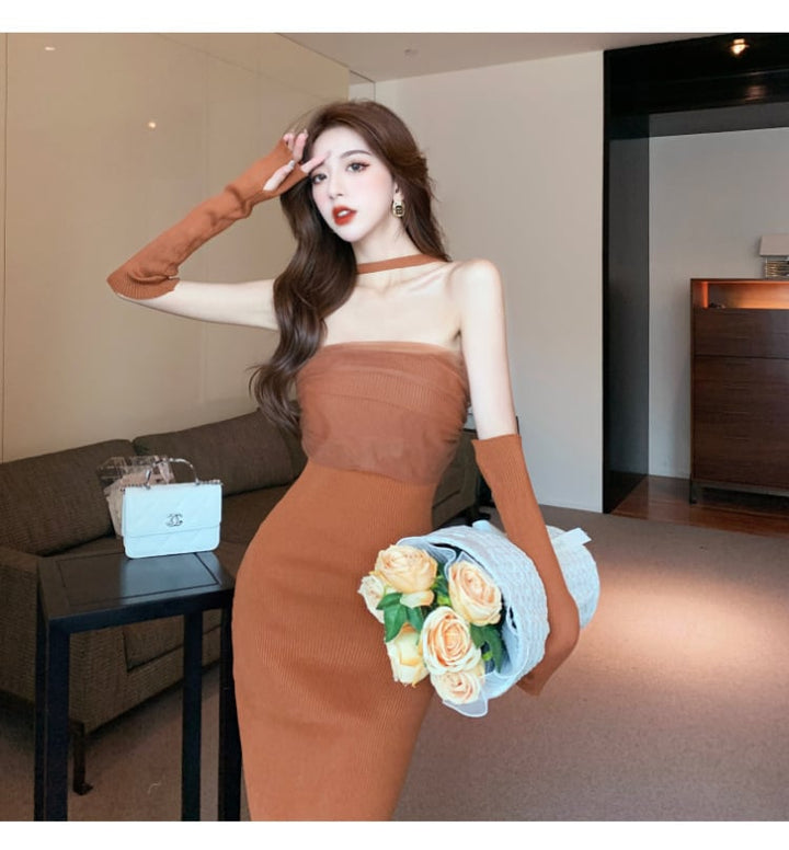 【dress】細身効果抜群♪ファッション薄手ニットワンピース　M16875