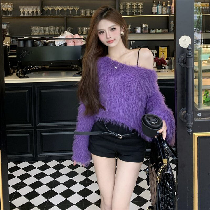 【tops】シャギーオフショルダーニットセーター　M28660