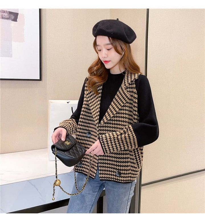 【outer】千鳥格子ドッキングニットコート　M18143