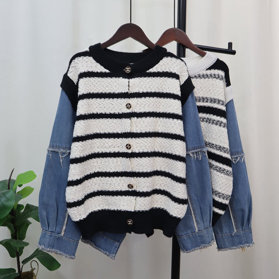 【outer】ボーダー柄ドッキングニットカーデ　M18291