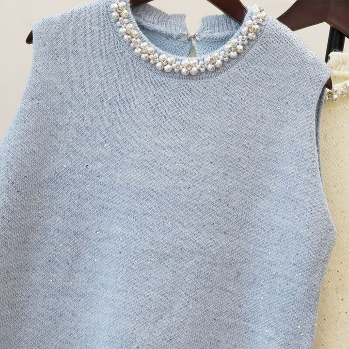 【dress】パール付きノースリーブニットワンピース Q7323