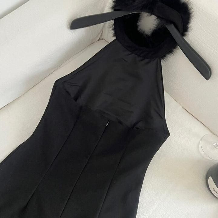 【dress】ファー付きホルターネックワンピース Q7636