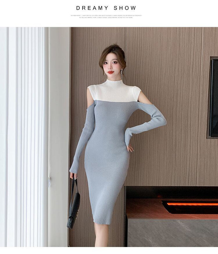 【dress】配色ドッキングオフショルダーニットワンピース　M18121