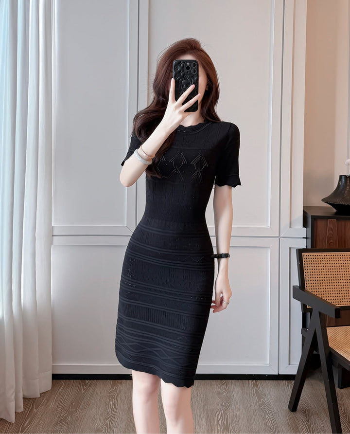 【dress】半袖透かし編みニットワンピース Q8492