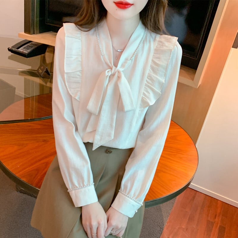 【tops】美人度アップリボン付きシャツトップス超人気　M17338