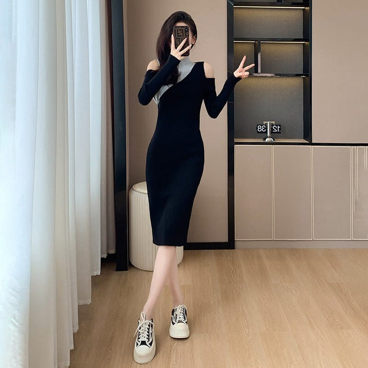 【dress】韓国系オフショルダーニットワンピース　M17599