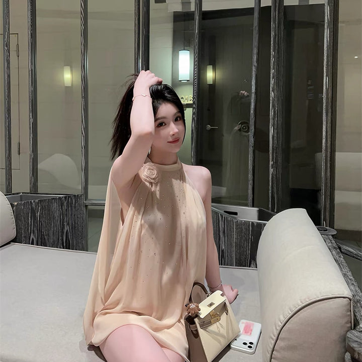 【dress】ラインストーン付きシフォンミニワンピース Q8345