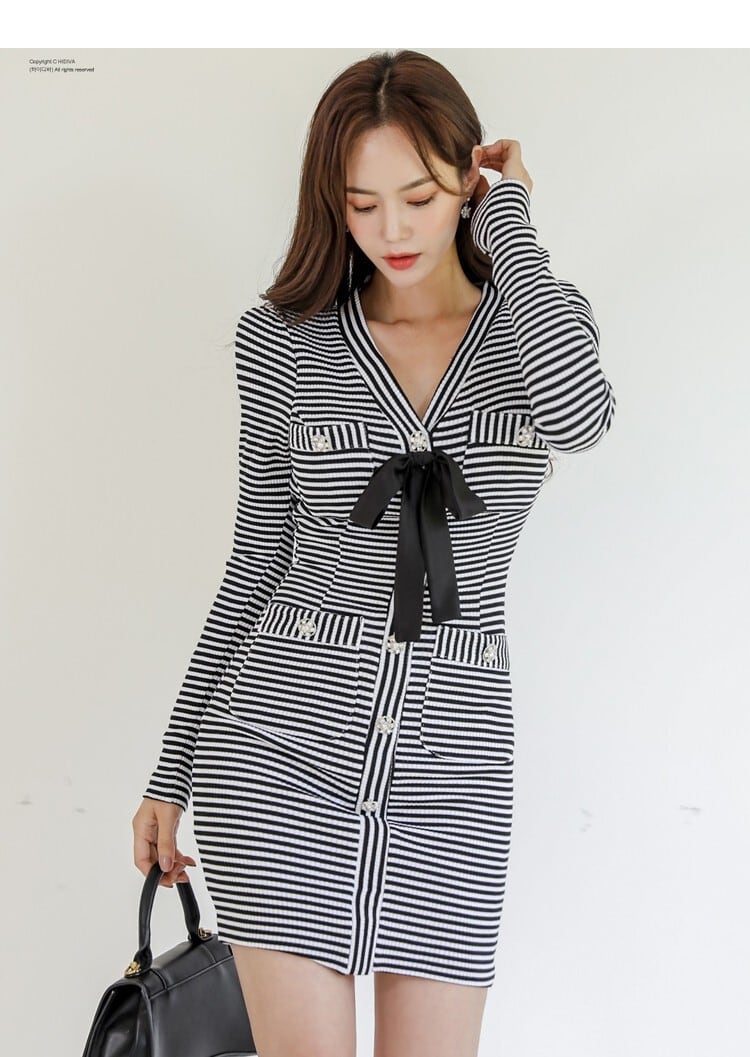 【dress】ボーダー柄リボン付きニットワンピース　M18084