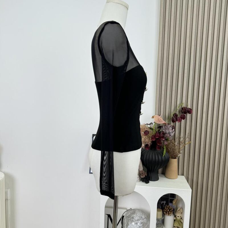 【tops】透け感チュールドッキングニットトップス Q7956