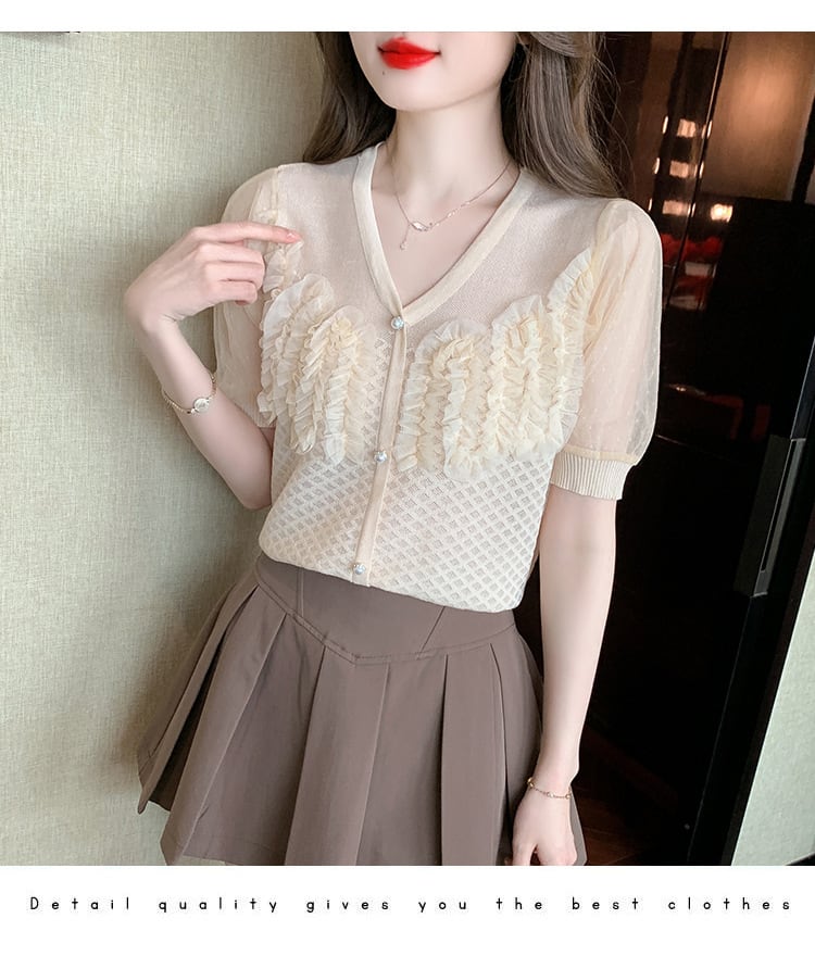 【tops】柔らかくて優しい印象薄手ニットシャツトップス　M17010