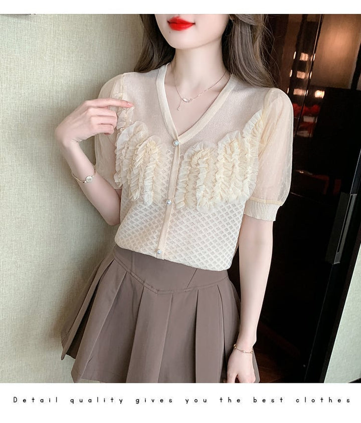 【tops】柔らかくて優しい印象薄手ニットシャツトップス　M17010